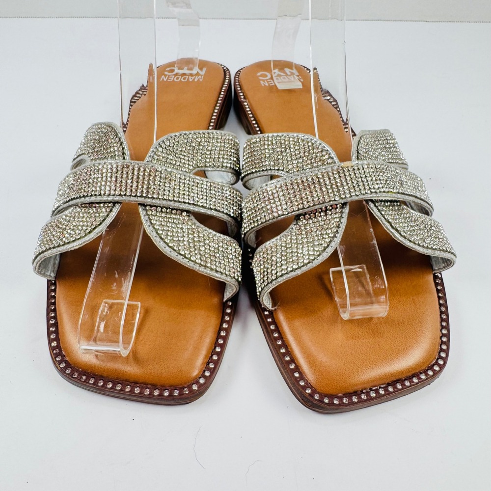 Madden NYC Womens Silver Rhinestone Slide Sandals Square Toe Flat Shoes Size 9 - Picture 2 of 8